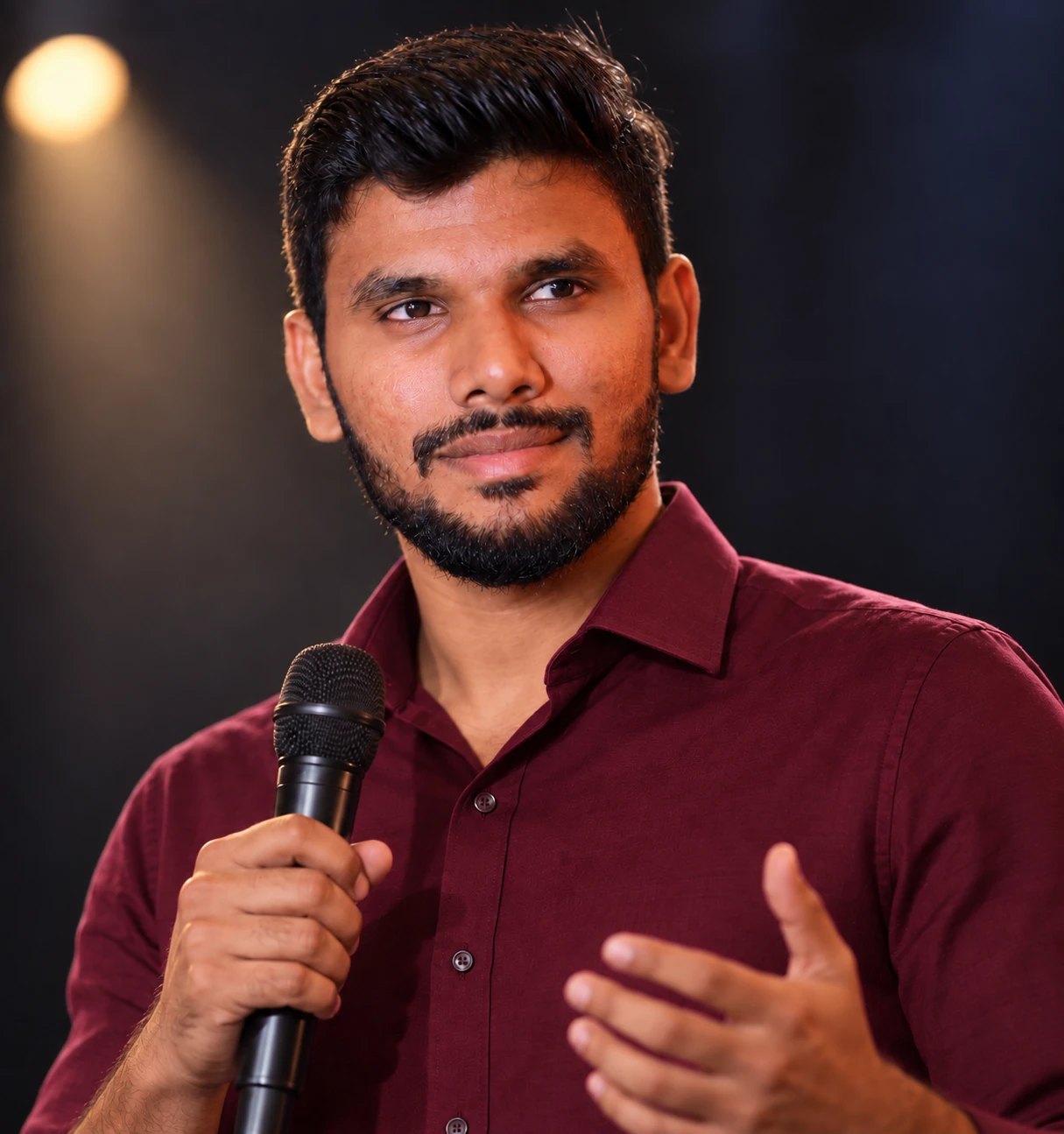 Saranraj Ramachandran speaking on stage with a microphone